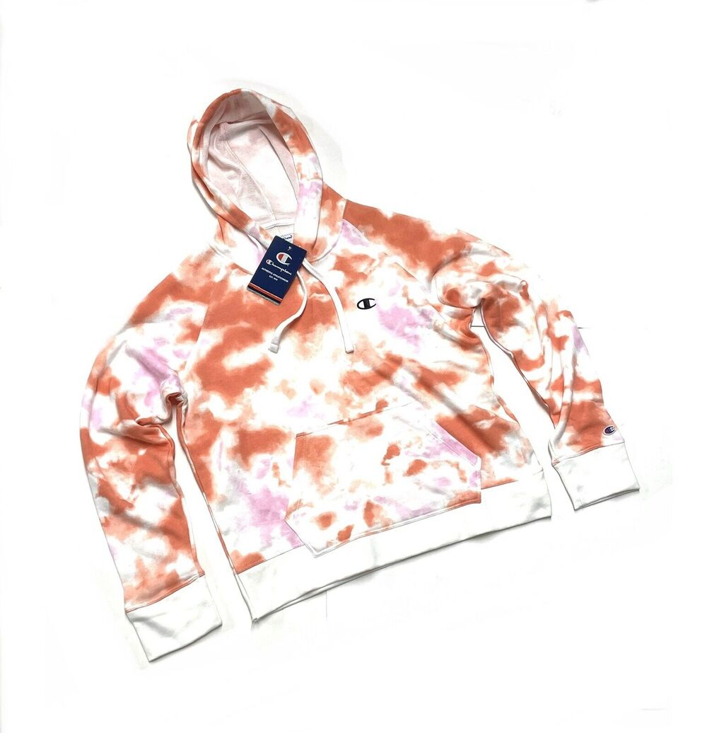 Champion Tie Dye Hoodie Womens Sz L Pink White Orange Sweatshirt Lightweight